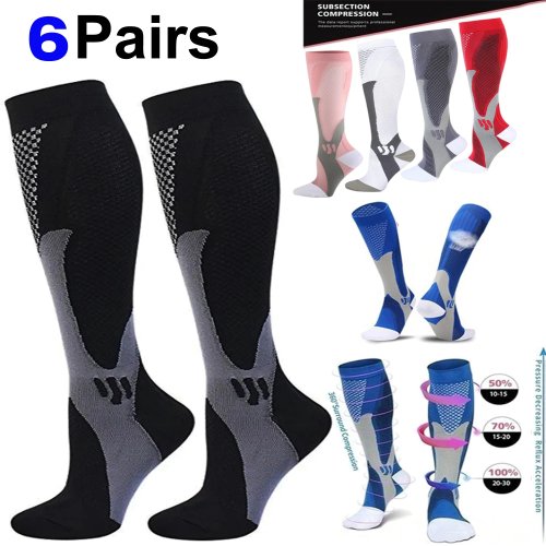6 Paar Compressiesokken 20-30mmHg, Heren Dames, Sport, Marathon, Fietsen, Voetbal, Spataderen, EU 35-45