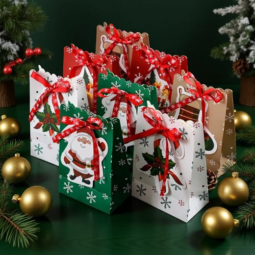 Geschenktüten mit Schneeflocken-Muster und Schleifenband – Für Weihnachtsgeschenke und Süßigkeiten