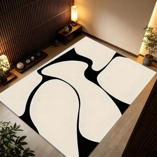 Modern minimalistisch golflijntapijt, zwart wit crème beige, antislip, wasbaar, voor woonkamer en slaapkamer