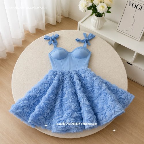Vestido de baile corset com rosas 3D azul-claro, alças com laço, decote coração, mini para aniversário/homecoming/festa de cocktail, personalizável