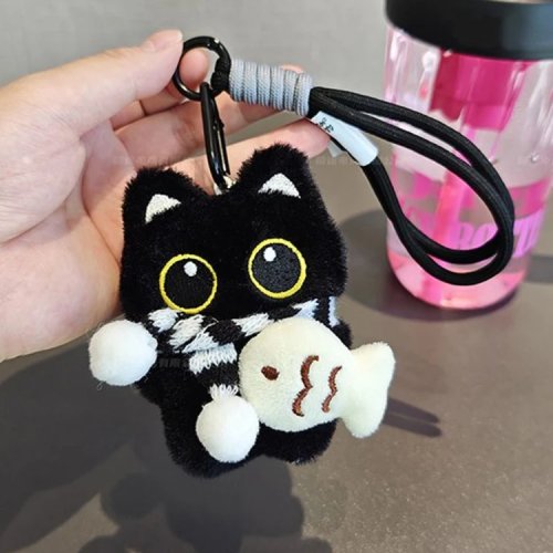 Chaveiro de gato sombra escuro em peluche, pêlo macio de veludo