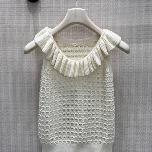 Top sin mangas de punto calado para mujer, verano, elegante, con cuello fruncido y volantes, diseño de diamante