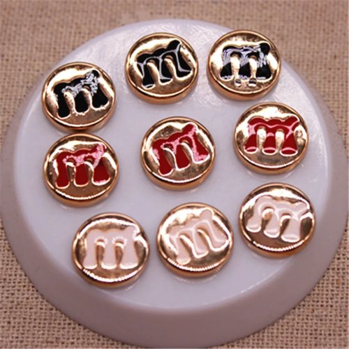 50 chiếc Nút dẹt 12mm men vàng M Bean, trắng/đen/đỏ – DIY phụ kiện làm đồ trang sức và scrapbook