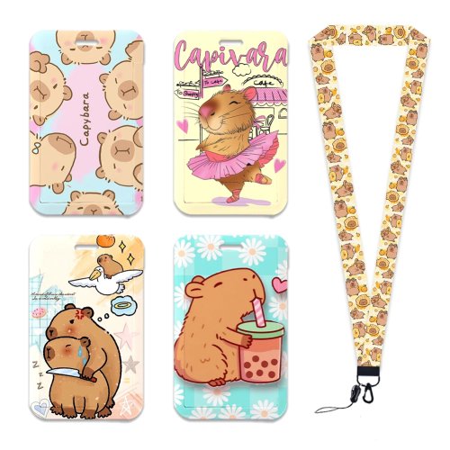 Cute Cartoon Capybara Lanyard Keychain with Badge Holder for ID Card and Keys
