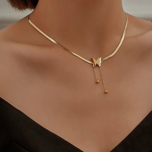 Vintage Schmetterlingskette für Damen, Goldene Edelstahl-Schlangenkette, Ästhetischer Choker mit Anhänger, Schmuckgeschenk
