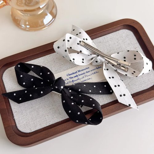 Black and White Polka Dot Fabric Bow Hair Clip Barrettes for Women and Girls - 1pc