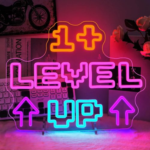 LED 네온 사인 'LEVEL UP' 화살표 - 블루 핑크, USB 밝기 조절, 게이밍 룸 데코, 게이머 셋업, PC 벽 조명, 남자아이 선물