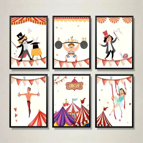 Bunter Cartoon-Zirkus Poster für Kinder - Zauberer, Akrobat, Kraftmensch - Wandkunst für Schlafzimmer, Kinderzimmer, Spielzimmer - Ungerahmt