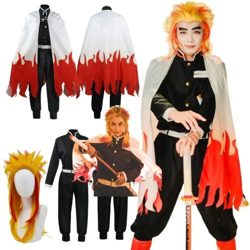 Kostum Cosplay Anime Rengoku Kyoujurou dengan Wig untuk Dewasa dan Anak-anak Pesta Halloween