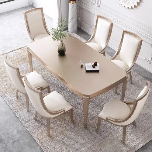 Bộ bàn ghế ăn gỗ tự nhiên phong cách Mỹ, sang trọng nhẹ, hình chữ nhật, hiện đại, đơn giản, cho căn hộ nhỏ và phòng khách gia đình