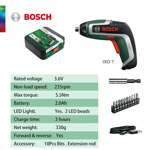 Bosch IXO7 Set Destornillador Inalámbrico Multifunción, Taladro Mini 3,6V Recargable por USB, Portátil