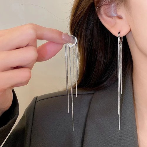 シルバー925 韓国風 ロングチェーン タッセル ドロップ ピアス 女性向け メタルジュエリー 2026トレンド