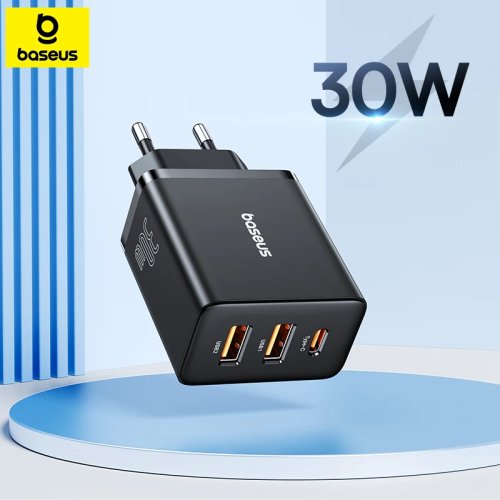 Baseus Carregador USB 30W com 3 portas, Quick Charge 3.0 e Power Delivery para iPhone 15/14/13, Xiaomi, Samsung