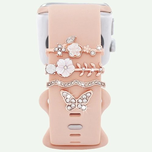 4pcs Butterfly Flower Watchband Ring Loops Nails Studs, Cute Rhinestone Watch Strap Charms for iWatch
