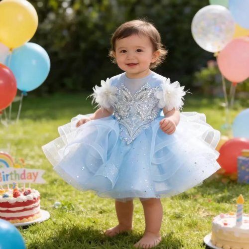 Váy bé gái cài hoa tùy chỉnh với tay bồng, hoa 3D và voan sequins cho đám cưới, sinh nhật, cuộc thi