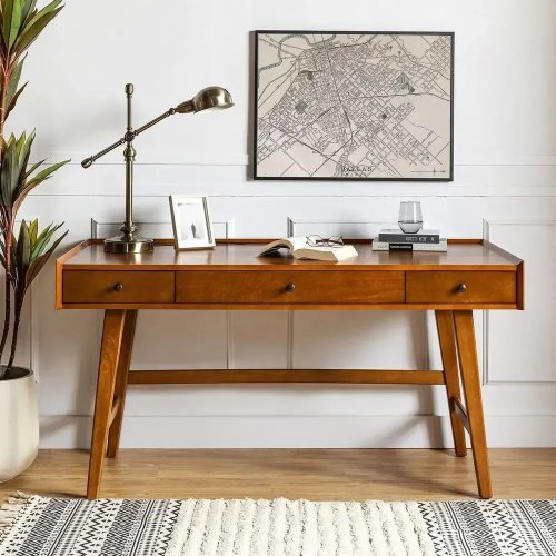 Meja Kayu Solid 3 Laci dengan Stasiun Pengisian Daya dan Manajemen Kabel untuk Kantor Rumah, Kamar Tidur, Ruang Tamu, atau Ruang Belajar