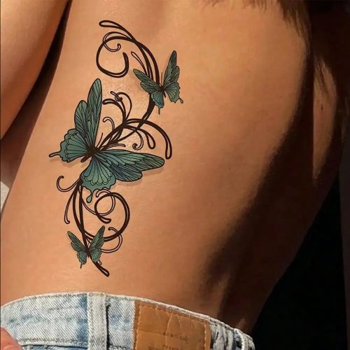 Tatuajes Temporales de Mariposa Verde con Espiral - Stickers Impermeables para Mujer, Decoración de Cintura y Costillas