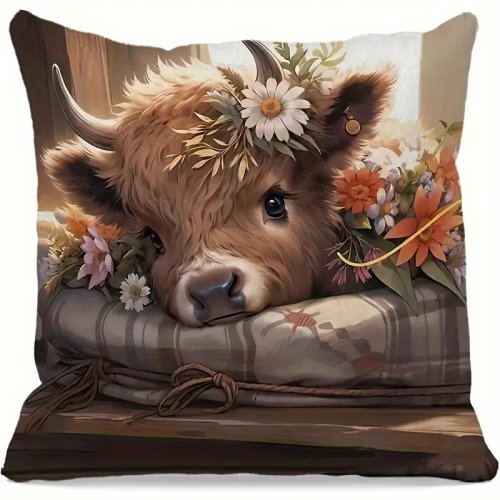 Fodera per cuscino mucca Highland, federa mucca Daisy con decorazione floreale estiva, cuscino decorativo