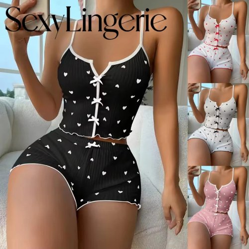 Conjunto de Pijama Sexy de Mujer en Satén con Estampado de Corazones, Top de Tirantes con Escote V y Shorts, Loungewear