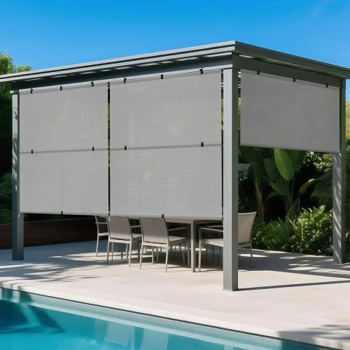 Tecido de sombreamento exterior enrolável cinzento 2,44 m x 3,66 m com proteção UV para terraço, pérgola, jardim e pátio