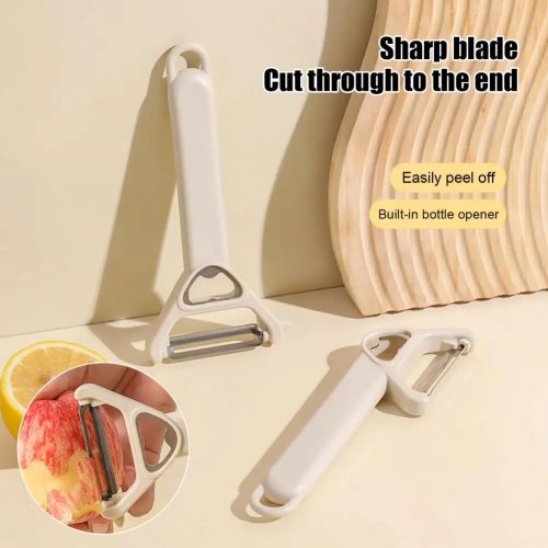 Pelador de frutas y verduras 3 en 1 de acero inoxidable, con mango ergonómico, cuchilla afilada y abrebotellas – multifuncional para personas mayores