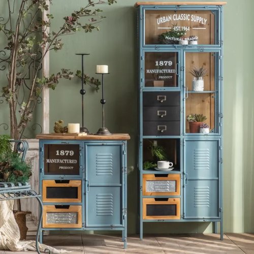 Buffet d'appoint style industriel et rétro en fer forgé pour salon avec rangement