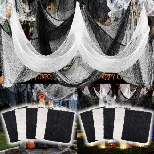 1-5 uds Tela de gasa negra decoración de terror, tela espeluznante para casa encantada, accesorios de escena de terror para puerta y pared