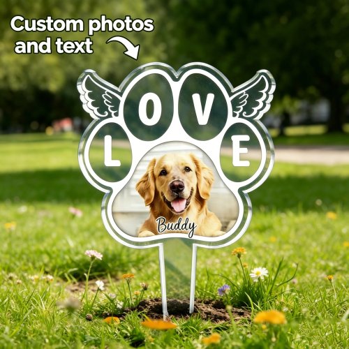 Stèle commémorative pour animal de compagnie en acrylique personnalisée avec empreinte de patte, photo et nom – décoration de jardin