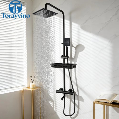 Torayvino Black Outdoor Luxury Shower Set, 38° Thermostatic Faucet, Rainfall Shower System Column