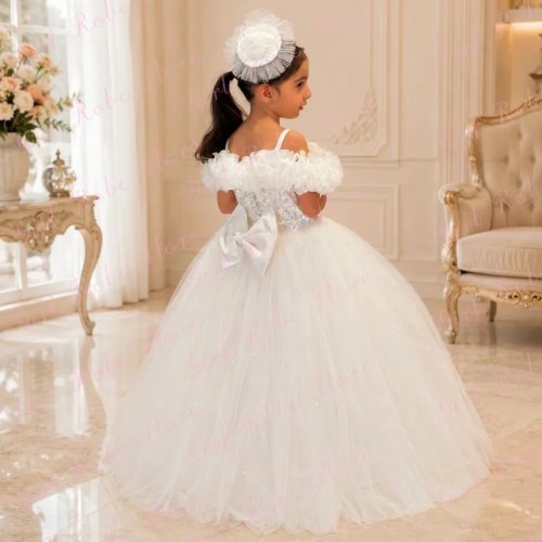 Vestido personalizado para niña de flores en color marfil para boda – con lentejuelas, hombros descubiertos, volantes, largo hasta el piso, estilo princesa, primera comunión, banquete