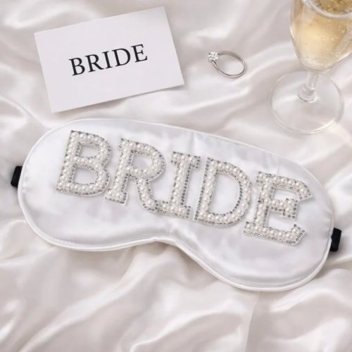 Maschera per dormire in seta da sposa con perle e strass, morbido mascherina in raso per futura sposa, addio al nubilato, accessorio per matrimonio, regalo