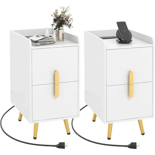Ensemble de tables de chevet avec chargeur, 2 pièces, table d'appoint fine avec tiroirs et pieds dorés, table d'appoint compacte pour canapé avec ports USB et Type-C, blanc