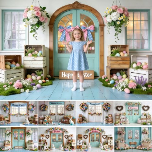Easter Photography Background with Wood Floor, Green Grass, Bunny and Eggs - Baby Shower Photo Backdrop