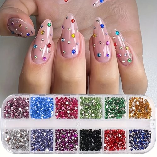 12 Felder Schimmernde Kristall-Nagelkunst-Strasssteine, Flachbodige Edelsteine für vielseitige Dekoration – Verziert Nägel, Schuhe, Make-up-Taschen