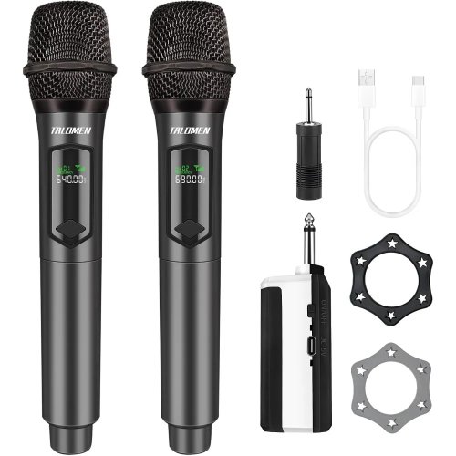 Sistema profissional de microfones sem fios manuais duplos com recetor recarregável para canto, eventos e discursos