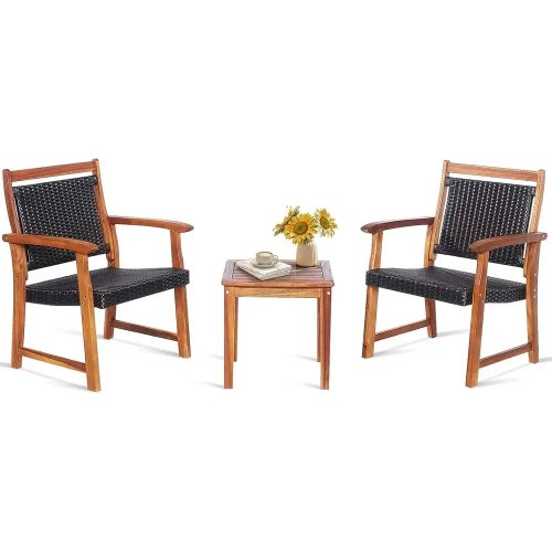 Set Bistro Kayu Akasia 2 Kursi dengan Meja Samping, Kursi Rotan Outdoor untuk Taman, Kolam, Dek, Balkon