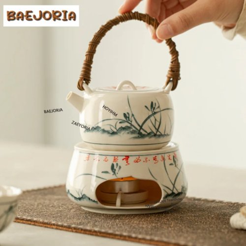 Bếp đun trà vẽ tay họa tiết hoa lan trắng mơ, kèm đèn cồn và giá đỡ ấm