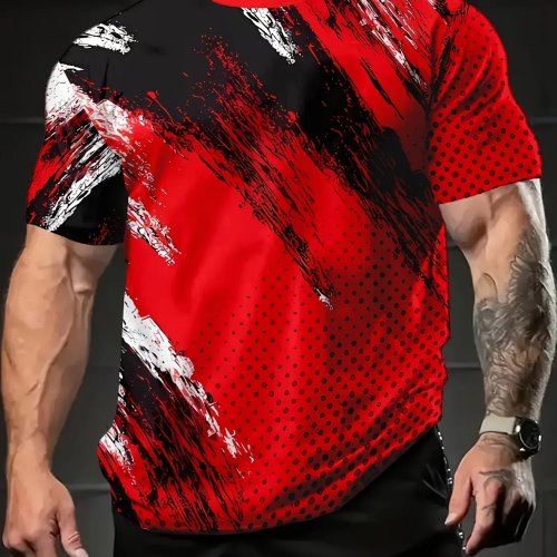 T-shirt masculino com estampado de bolinhas vermelho e preto, gola redonda, manga curta, estilo hip hop street