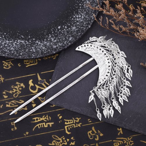 Kẹp tóc truyền thống Miao mạ bạc cho nữ, phụ kiện tóc hình mặt trăng có tua dài, trang sức tóc dân tộc retro