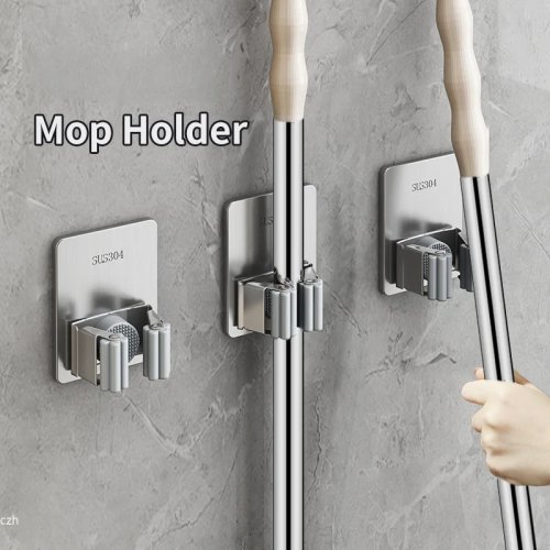 Soporte de pared de acero inoxidable para fregona y escoba, sin clavos, impermeable, organizador para baño y cocina