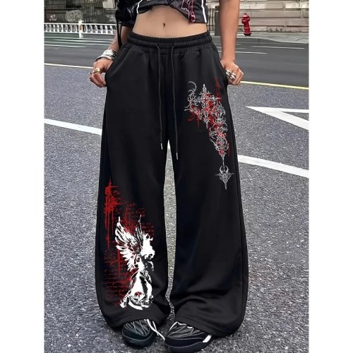 Damen Sweathose Gothic Engel Kreuz Print, Locker und Weit Bein