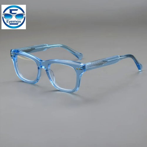 Retro Dicker Rahmen Blau Transparent Acetat Brillenfassung - Vintage Eckige Optische Brille für Damen und Herren, Myopie Rezeptbrille