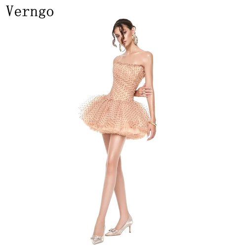 Verngo ชุดปาร์ตี้มินิผ้าทูลไม่มีสายทรงเอสั้นค็อกเทลหรูหราผูกเชือกโฮมคัมมิ่งสั่งทำพิเศษ