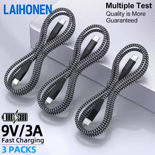 كابل LAIHONEN USB C إلى Lightning، مضفر من النايلون، شحن سريع ومزامنة البيانات، عبوة 1/3 لأجهزة iPhone 14/13/12/11/Pro/XR/XS