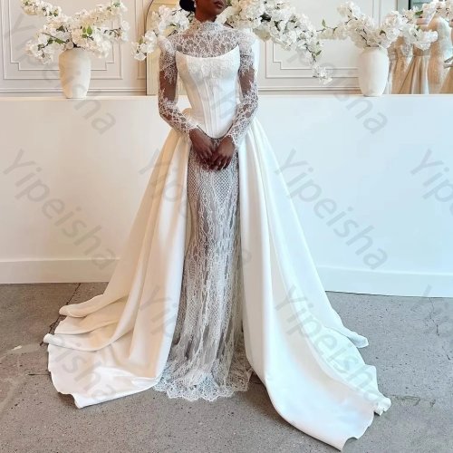 Customized Slim Fit High Collar Satin Wedding Dress with Lace, Long Sleeves, Backless, Elegant Prom Party Gown