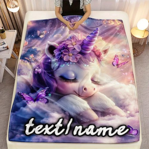 1 un. Manta Personalizada de Nuvem Unicórnio com Nome – Flanela fina, para todas as estações, para Sala, Campismo, Escritório