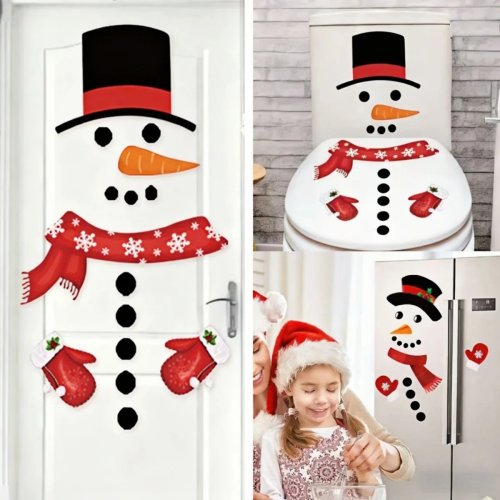 Pegatinas de puerta de Navidad 2026 - Adhesivos de muñeco de nieve no tejidos para nevera, pared y ventana - Decoración navideña para el hogar