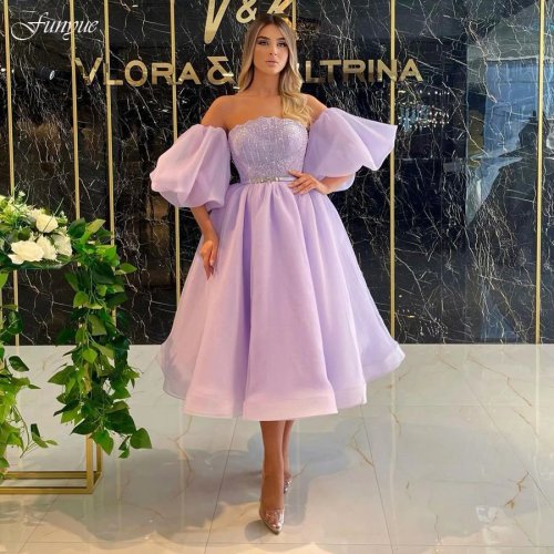 Funyue Lilac Short Prom Dresses Off Shoulder Organza A-Line Lace Bodice Puffy Sleeves Tea-Length Evening Formal Party Gowns