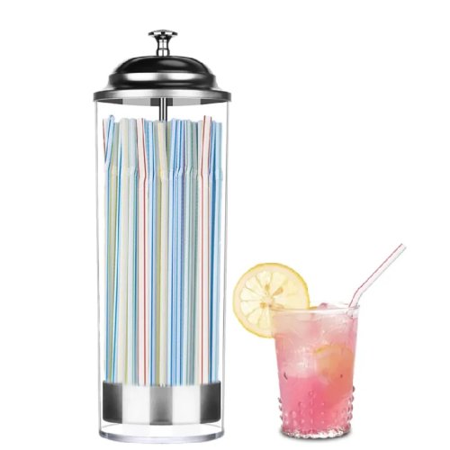 Tempat Sedotan Transparan dengan Tutup Stainless Steel - Termasuk Sedotan Bergaris