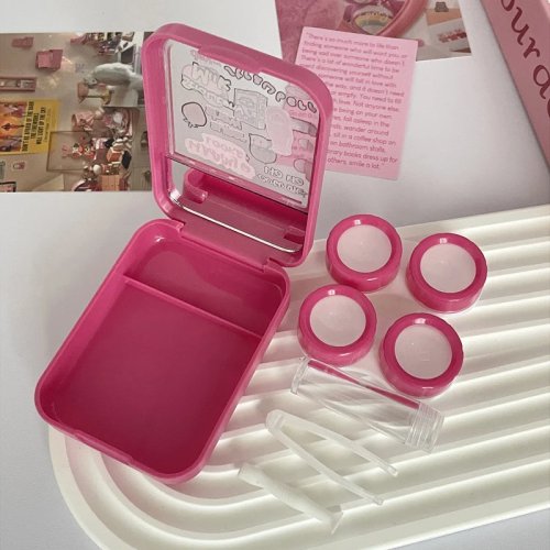 Kit Kotak Kontak Lens Mini Lucu untuk Wanita, Tempat Penyimpanan Kotak Kontak Lens Portabel untuk Perjalanan